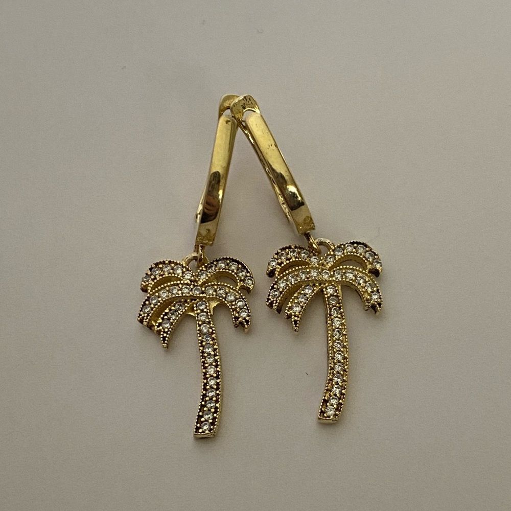 🌴925 Silver palm tree cz dangling hoop earrings 18k yellow gold plated
